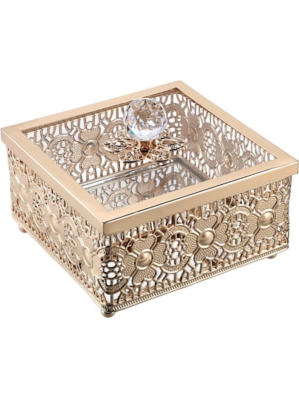 Vintage Gold Jewelry Box with Glass Lid | Square Mirrored Trinket Organizer